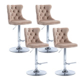 MOOLSUN Rotating Velvet Bar Stools Set of 4, Modern Padded with Nailhead Trim and Tufted Back, Adjustable Swivel Counter Height Stools for Kitchen Island, Bar,Khaki(Silver Base)