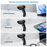 PecuMecu Bluetooth 1D 2D Barcode Scanner, 3-in-1 Bluetooth & 2.4G Wireless & USB QR Barcode Reader, PDF417 Data Matrix Handheld Bar Code Scanner Work with Windows, Android, iOS