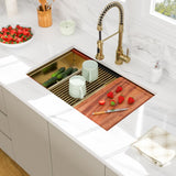 Beslend 30 Inch Gold Undermount Kitchen Sink, 30x19 50/50 Double Bowl Workstation Sink, 16 Gauge T304 Heavy Duty Stainless Steel Low Divide Golden Kitchen Sink with Gold Accessories