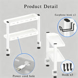 Clamp on Desk Shelf White, 2-Tier Office Desk Shelves Organizer, 17in Small Shelf for Top of Desk with Headphone Holder, Hooks, Desktop Storage Rack for Home Workspace, Study Rooms, Gaming Accessories