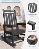 GarveeLife Poly Lumber Rocking Chair Outdoor Set of 4 with 2 Side Table - HDPE High Back Porch Rocker Chairs for Adults - All Weather Resistant Furniture for Patio - Black