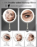 VFD 30X/1X Makeup Mirror with Lights, Height Adjustable Lighted Magnifying Vanity Mirror with 3 Lighting and Adjustable Brightness, 3000mAh Rechargeable Double Sided Switch for Desk Women Gift