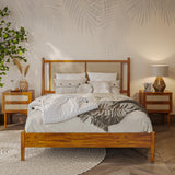 Bme Oliver 15-Inch Queen Bedframe with Rattan Headboard, Bohemian, Caramel