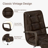 KISLOT Home Office Desk Chair, Ergonomic Office Chair with Square-Patterned Leather Upholstery, Adjustable Swivel Computer Chair with Wood Arms & Wheels, Soft-Rounded Front Edge, Espresso