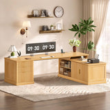 SEDETA Fluted 70.9" L Shaped Desk with Drawers and Storage Cabinet, Oak