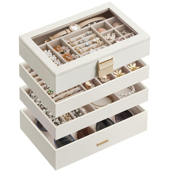 Stackable Jewelry Trays, 4-Tier Jewelry Box, Drawer Jewelry Organizer, with Glass Lid, Removable Dividers SONGMICS