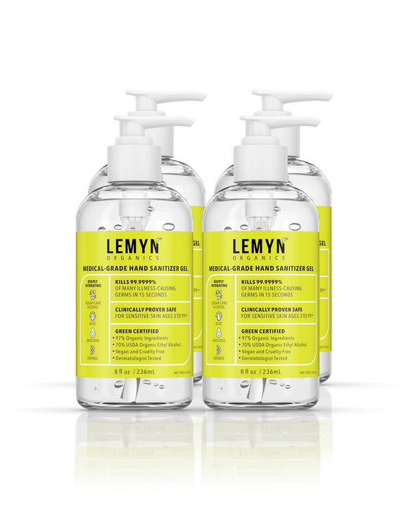 Lemyn Organics Medical Grade Hand Sanitizer Gel - 97% ORGANIC - 8 FL.OZ. with PUMP (PACK OF 4) Lemyn Organics
