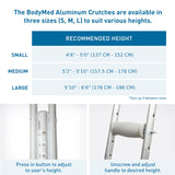 BodyMed Aluminum Crutches, Small (Pair) - Adjustable Height (4'6" - 5'0"), Lightweight Design, Padded Underarm Cushions & Hand Grips, Non-Slip Rubber Tips - Supports Up to 300 Pounds