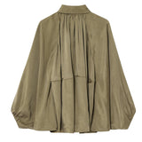 Talakeno Womens Puffed Bomber Jacket Casual Batwing Sleeve Lapel Collar Zip Shirts Oversized Pleated Streetwear Jackets(Green,XL)
