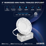 LUXRITE 3 Inch Trimless LED Recessed Light with Junction Box, 5CCT Selectable 2700K-5000K, 10W, 750LM, Dimmable, Wet & IC Rated, Canless Downlight, ETL Listed, New Construction and Remodel (6 Pack)