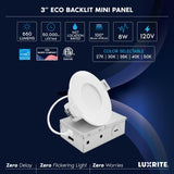 LUXRITE 3 Inch LED Recessed Light, ECO Backlit Mini Panel Spotlight, 5CCT 2700K-5000K, 660 Lumens, High Output, 8 Watts, Dimmable, IC Rated, Wet Rated, ETL Listed, Energy Star, Round (48 Pack)