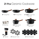 CAROTE 21pcs Cookware Set Nonstick Pots and Pans Set, Ceramic Cookware Set Induction Cookware, Non toxic Healthy Non Stick Kitchen Cooking Set, PFAS PTFE Free, Black