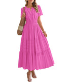 BTFBM Womens Summer 2026 Casual Midi Maxi Dresses Lightweight Short Sleeve V Neck Elastic Waist Boho Beach Dress Pockets(Rose Red, Small)