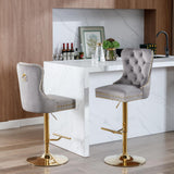 MOOLSUN Rotating Velvet Bar Stools Set of 4, Modern Padded with Nailhead Trim and Tufted Back, Adjustable Swivel Counter Height Stools for Kitchen Island, Bar, Club,Gray(Gold Base)