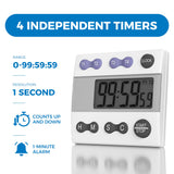 Sper Scientific Portable Digital Kitchen Timer 810015 for Cooking and Baking with Loud Alarm, 4 Channel Timer, Large Display Digital Lab and Cooking Timer, Classroom Timer for Teachers and Students