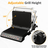 Sunvivi Indoor Grill & Griddle with Preset Menu, 1600W Electric Panini Press Sandwich Maker, Removable Nonstick Plates, Locking Lid, Double-sided Grill with 180° Flat Opening, Stainless Steel, Black
