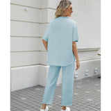 SeeLuNa Women's Two Piece Outfits 3/4 Batwing Sleeve Capelet Crew Neck Pullover Top Wide Leg Pants Lounge Set(Blue-Green,S)