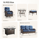 moosprr Luxury Patio Furniture Set with Fire Pit Table, Outdoor Furniture Set with High Back Swivel Chairs & 6-inch Thick Cushions, 10 PCS Fire Pit Patio Set for Yard, Deck, Poolside, Brown/Blue