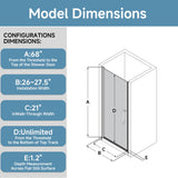 26-27.5" W x 68" H Frameless Pivot Shower Door, 1/4" (6mm) Clear SGCC Tempered Glass Bathroom Shower Door, Matte Black Swing Shower Door with Stainless Handle, Reversible Installation