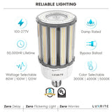 LUXRITE 80W/100W/120W LED Corn Light Bulb, 400W HID Equivalent, 3 CCT 3000K-5000K, Up to 17500 Lumens, Enclosed Fixture Rated, 100-277V, E39 Mogul Base - Street Light High Bay Indoor Outdoor 2-Pack