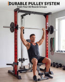 Garvee Smith Machine, 1000LBS Multi-Functional Smith Machine Home Gym, Squat Rack with LAT-Pull Down System, Power Rack with Barbell Bar, Black/Red