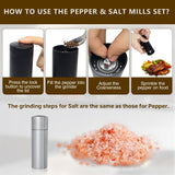 ARKNOAH Salt and Pepper Grinder Set 2-Pack with Stand, Adjustable Coarseness Mill - Aerospace Aluminum Body, Stainless Steel & Ceramic Core, Refillable Spice Grinders for Kitchen & BBQ