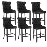 MOOLSUN Set of 6 Blue Velvet Bar Stools - Classic Fixed Height Design with Button Tufted Seat, Solid Wood Frame & Chrome Nailheads, Perfect for Standard Kitchen Island & Home Bar,Black(Wood Leg)