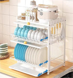 Gdrasuya10 Medium Dish Drying Rack for Kitchen Counter, Stainless Steel Dish Strainer with Cover 2 Tier Kitchen Counter Utensil Holder Drainer Rack Cup Rack (White)
