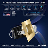 LUXRITE 4 Inch Recessed Light, Regressed Canless LED Spotlight, 5CCT 2700K-5000K, CRI90, 22W, 1700 Lumens High Output, 60º Wide Flood, Square Brass Trim, Dual Dimmable, IC Rated, Wet Rated (4 Pack)