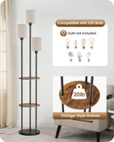 GOEBLESON 70.9" Floor Lamp with Shelves, Modern Floor Lamp with 3 Linen Shades and Foot Switch, 3-Light Standing Lamp, for Living Room, Bedroom, Study, Office, Rustic Brown and Beige EF53LD05