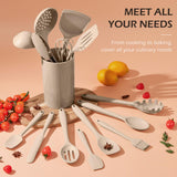 15-Piece Kitchen Cooking Utensils Set with Holder, Homikit Heat Resistant Food Grade Silicone Kitchen Utensils include Slotted Spatula- Khaki