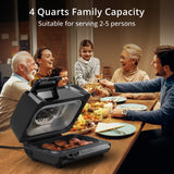 OMTech Electric Indoor Grill, 7-in-1 Air Fryer Combo, Non-Stick Removable Plates, 4Qt, 450F Max Temp, 1750W, Black