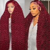 KRKRYQ 36 Inch 99J Burgundy 13x6 Lace Front Wigs Human Hair Red Burgundy Wig 200% Density Deep Wave Lace Front Wigs Human Hair Pre Plucked Glueless Deep Curly Wigs for Women