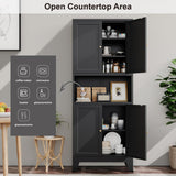 YAUWOH 69" Tall Metal Pantry Cabinet with Microwave Shelf,Microwave Storage Cabinet with 4 Doors & 3 Adjustable Shelves,Metal Cabinet with Storage for Kitchen Dining Room Living Room(1PC,Black)
