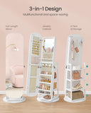 SONGMICS LED Jewelry Cabinet, 360° Swivel Jewelry Organizer, Lockable Mirror Jewelry Cabinet Standing, Rounded Wide Full-Length Mirror with Storage Shelves, Interior Mirror, Cloud White UJJC036W01