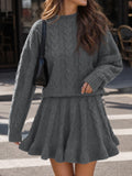 Tankaneo Womens 2 Piece Sweater Skirts Set Chunky Cable High Neck Long Sleeve Sweaters Ruffle Mini Skirt Lounge Set