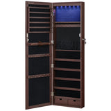 SONGMICS 6 LEDs Mirror Jewelry Cabinet, 47.2-Inch Tall Lockable Wall or Door Mounted Jewelry Armoire Organizer with Mirror, 2 Drawers, 3.9 x 14.6 x 47.2 Inches, Brown UJJC93K