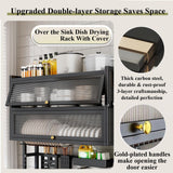 Diodceraic Over The Sink Dish Drying Rack Space-Saving 3 Tier with Cover Dish Rack with Dustproof Cover and Knife Holder Large Capacity Kitchen Organizer for Plates, Bowls, and Pots(Black,65cm)