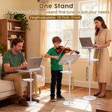2 in 1 Dual-use Music Stand & Desktop Book Stand, Adjustable Height 16.5"-51", 100% Solid Wood Laptop Floor Stand Book Holder with Elastic Page Clips for Cookbooks (White with Tray)