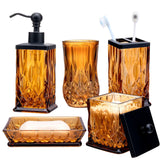 Bathroom Accessories Set,5 Pcs Amber Glass Bathroom Accessory Set,Complete Lotion Soap Dispenser,Toothbrush Holder,Soap Dish,Tumbler & Jar,Modern Bathroom Decor Sets Gift,Square