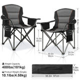 LANMOUNTAIN 2 Pack Padded Oversized Camping Chairs for Adults,Heavy Duty Support 400 Lbs,Folding Portable Lawn Chair w/Cup Holder,Cooler Bag,Side Pocket,Perfect for Outdoor Picnic,Hiking(Black)