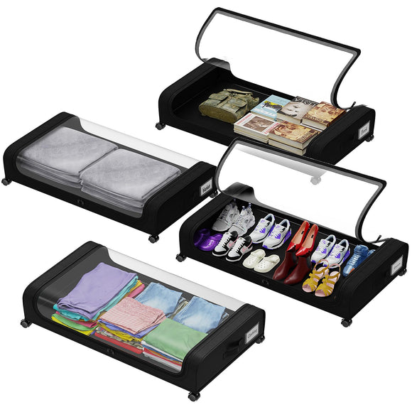 4 Pack Under Bed Storage with Wheels, Under Bed Shoe Storage Organizer with PVC Clear Window, Lids and Label (Black) oylik