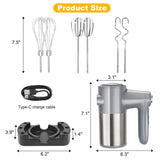 Cordless Electric Hand Mixer, 7 Speed Rechargeable Wireless Handheld Mixer with Eject Button, Long Battery, Quiet Anti-Splash, 6×304 Stainless Steel Attachments & Storage Base for Baking (Silver)