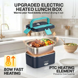FORABEST Heated Lunch Box - 80W Electric Lunch Box for Adults - Portable Food Warmer - 1.8L Stainless Steel Containers, Carry Bag & Leakproof Lid - 12V/24V Car/Truck & 110/220V Home/Office - Navy Blue