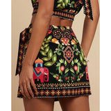 Talakeno Womens Summer Floral Wrap Short Skirt Tie Side High Waist A Line Beach Vacation Boho Mini Skirt(Black,M)