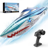 DEERC High-Speed RC Boat for Kids & Adults, 20+ MPH Full Proportional Remote Control Shark Boat with LED Lights, 2.4GHz Racing Boat for Pools & Lakes