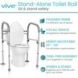 Vive Toilet Safety Rail - Medical Chair for Handicapped & Seniors - Folding Bathroom Frame w/Handles, Arms for Elderly, Disabled - Standalone Grab Bar - Seat Assistance Support Stand Up Assist