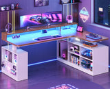L Shaped Electric Standing Desk, 63 inch Gaming Computer Desk with Storage Shelves and LED Lights