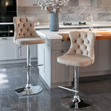 MOOLSUN Rotating Velvet Bar Stools Set of 4, Modern Padded with Nailhead Trim and Tufted Back, Adjustable Swivel Counter Height Stools for Kitchen Island, Bar,Khaki(Silver Base)