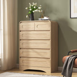 SOLACE FURNITURE Tall Dresser for Bedroom, Dresser for Closet w/Pre-Installed Slides, Modern Wood Chest of Drawers with Curved Design and 6 Drawer Vertical Storage for Bedroom or Hallway, Natural Oak